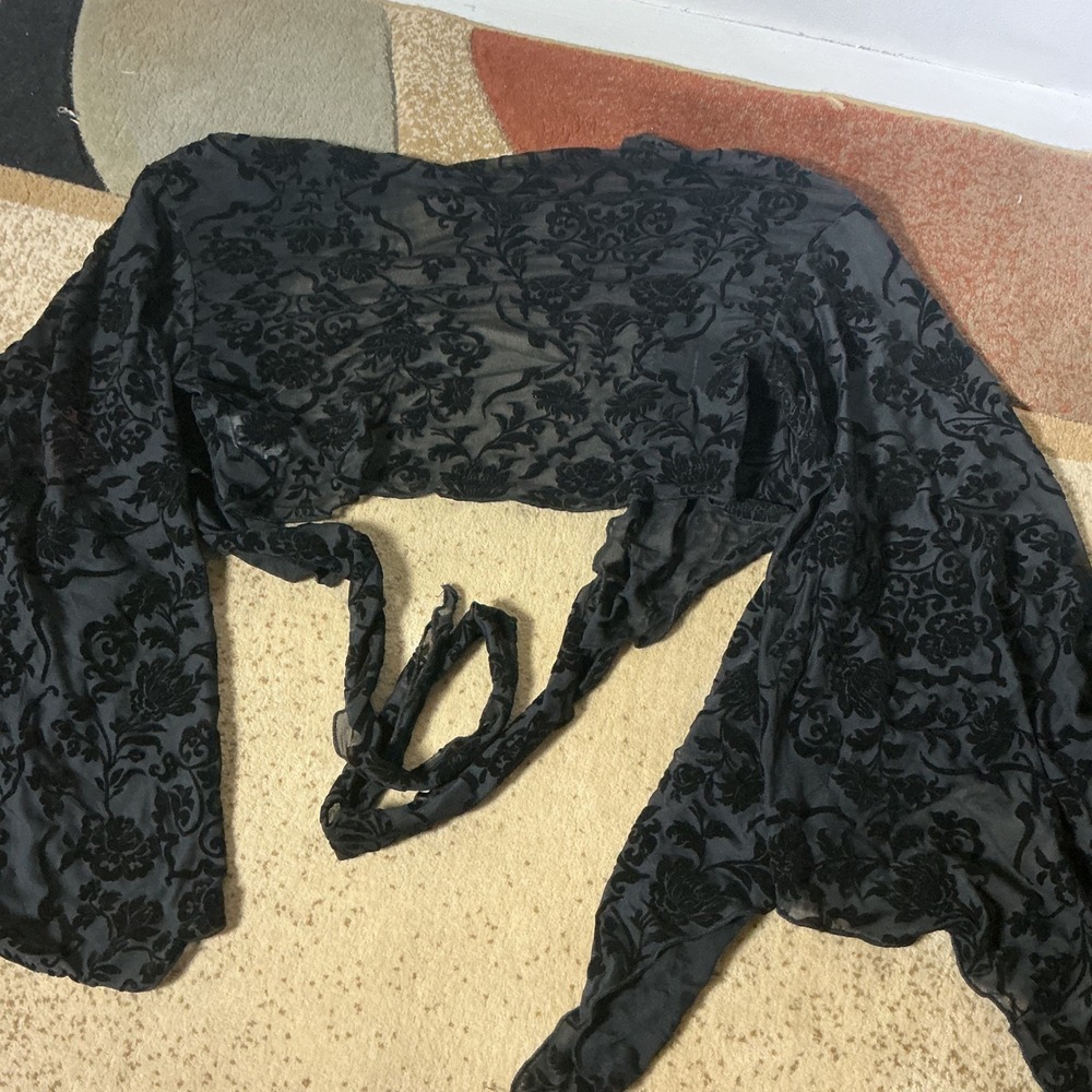 Romwe‎ Whimsigoth Burnout Velvet Floral Sheer Mesh Tie Front Bell Sleeve Top L - Picture 4 of 8